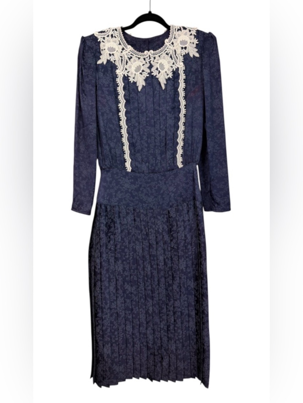 Vintage Scott McClintock Navy Lace Pleated Midi Dress Cottagecore Victorian - Picture 2 of 7